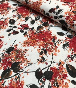Tissu lin/viscose, imprimé fleurs, rouge corail